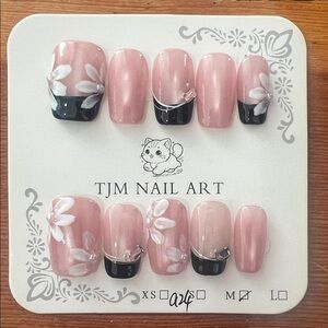 TJM Pink and Black Floral Nail Art Set Size M